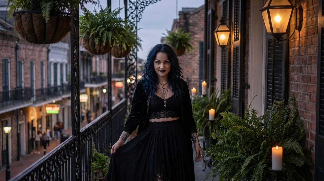 Madame Celestine on a lantern-lit New Orleans balcony