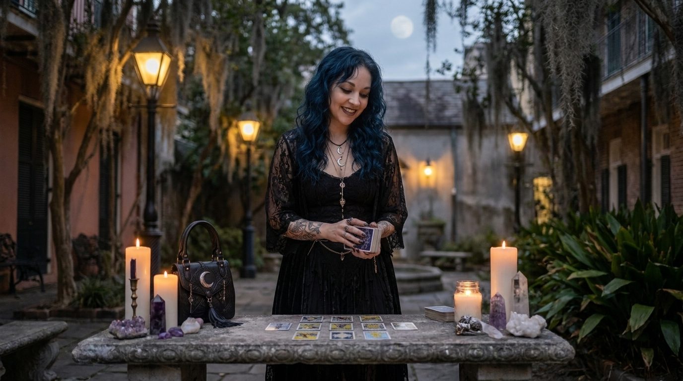 Tarot reading in a moonlit courtyard