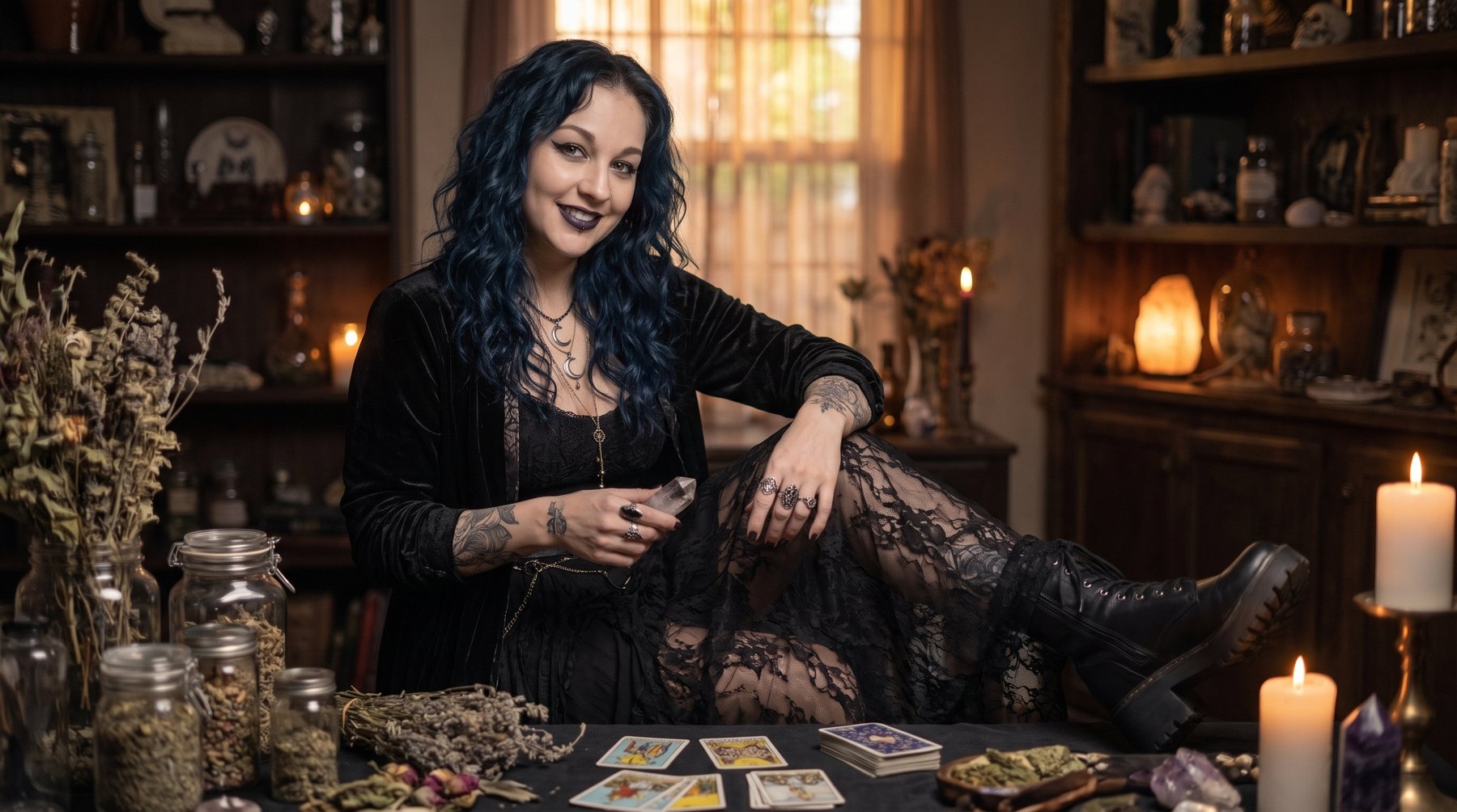 Tarot cards, crystals and candles laid out for a reading